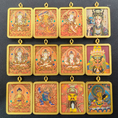红唐描金五爷手绘画芯八大守护神黄财神唐卡挂坠嘎乌盒吊坠送挂绳