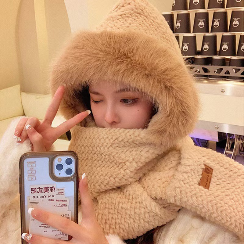 冬季骑车加厚毛绒帽子围巾手套女