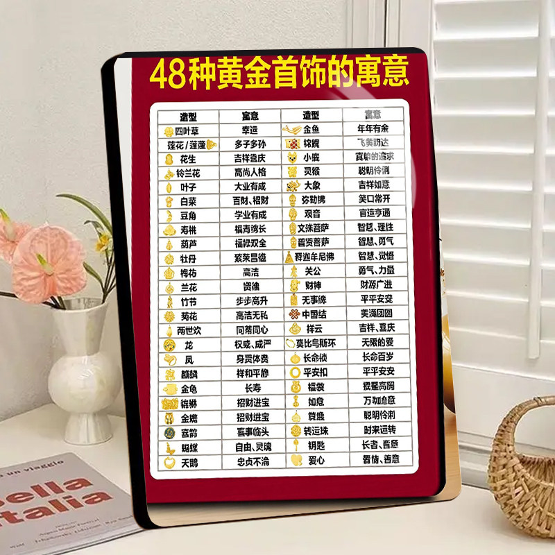 48种黄金首饰寓意解析水晶相框黄金店珠宝首饰知识展示桌面摆件