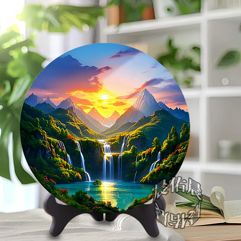高山流水流水生财圆形山水风光相框风景摆件夕阳瀑布入画家居装饰