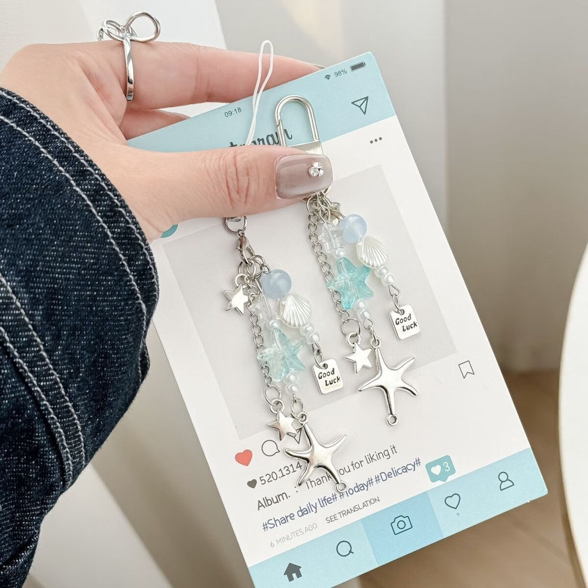 甜美海星手机炼钥匙扣简约百搭金属星星咕卡包包ccd相机挂件