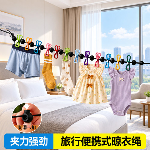 旅行晾衣神器酒店晾衣绳旅游出差晾衣服晒衣绳带夹子便携折叠衣架