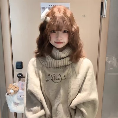 萌系麻花针织套头斗篷毛衣女秋冬宽松加厚高领设计感减龄中袖上衣