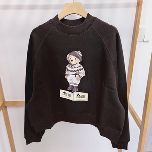 女装加绒卫衣 RL圆领长袖保暖舒适棕色纯色美式休闲运动保暖套衫