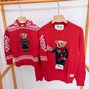 儿童小熊毛衣 吉杼歆RL女童连帽长袖雪花小熊套衫圆领童趣针织衫