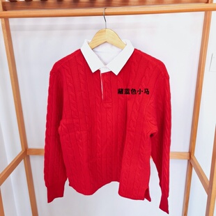 新年红色针织衫 吉杼歆RL女士冬翻领3扣小马仔麻花针织假两件毛衣