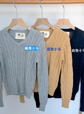 女士V领毛衣 吉杼歆RL秋冬经典小马V领长袖麻花棉美式休闲针织衫