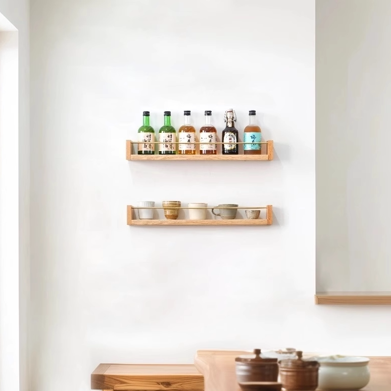 实木隔板黄铜栏杆厨房壁挂式置物架墙上搁板餐厅收纳杯子展示架