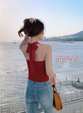 ins超火辣妹红色小吊带女夏季外穿美背露背挂脖背心内搭打底上衣