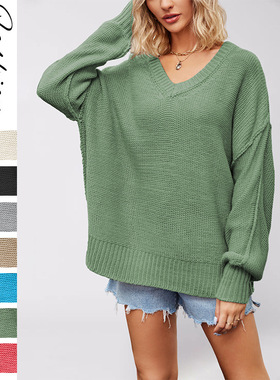 2025新款秋冬跨境亚马逊temu热卖欧美V领宽松大码套头纯色毛衣女