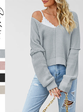 2025秋冬亚马逊跨境欧美新款Temu热卖v领纯色露肩宽松热卖针织衫