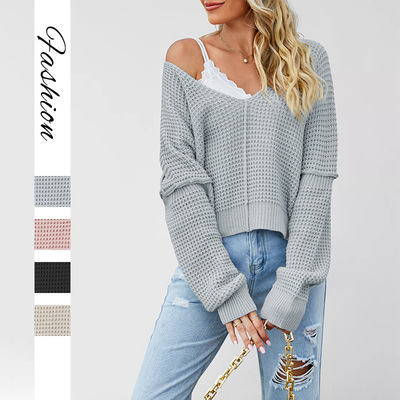 2025秋冬亚马逊跨境欧美新款Temu热卖v领纯色露肩宽松热卖针织衫