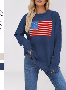 2025秋冬亚马逊新款Temu热卖圆领欧美独立日节日热卖款时尚毛衣女