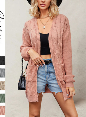 2025冬季欧美风亚马逊新款Temu热卖V领麻花长袖宽松休闲毛衣外套