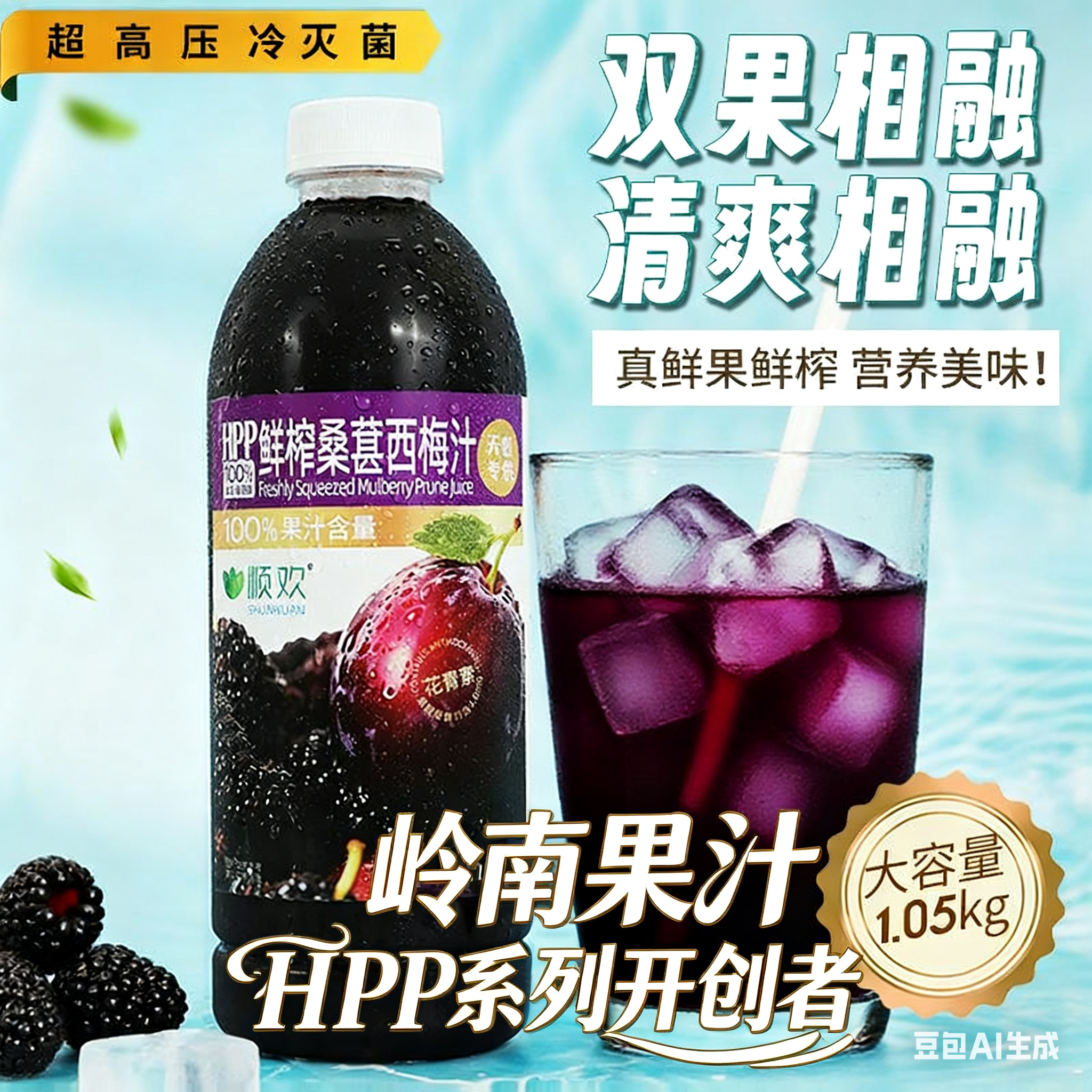 顺欢HPP100%鲜榨桑葚西梅汁大瓶1.05kg*2瓶非岭南果汁系列开创者