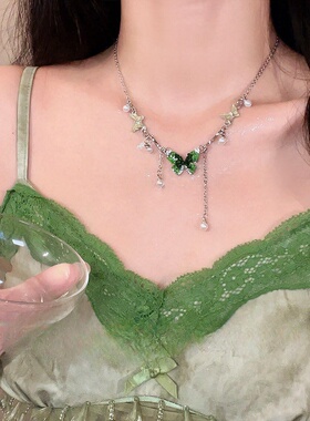 森系绿水晶蝴蝶项链女款2026新款轻奢小众锁骨链高级感