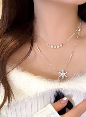 新款雪花项链女双层叠戴项链ins风超仙气质百搭锁骨链