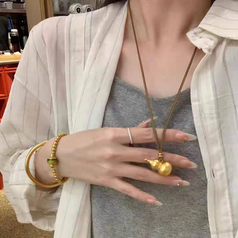 24k黄金色葫芦吊坠福禄项链女古法仿金福禄双全毛衣链送女友礼物