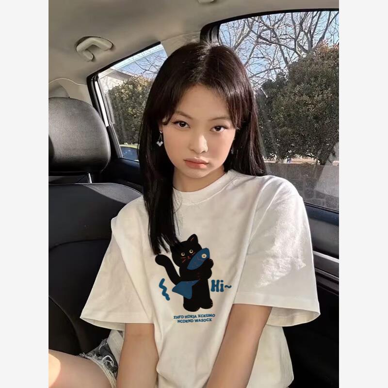 黑色短袖t恤女2025新款大码夏纯棉宽松显瘦半袖慵懒chic韩系上衣