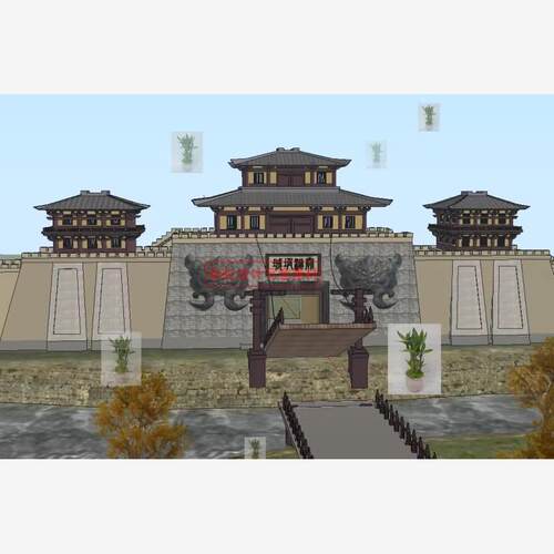 中式古典仿古建筑旅游区公园唐代唐风城门 吊桥城楼 城墙SU模型
