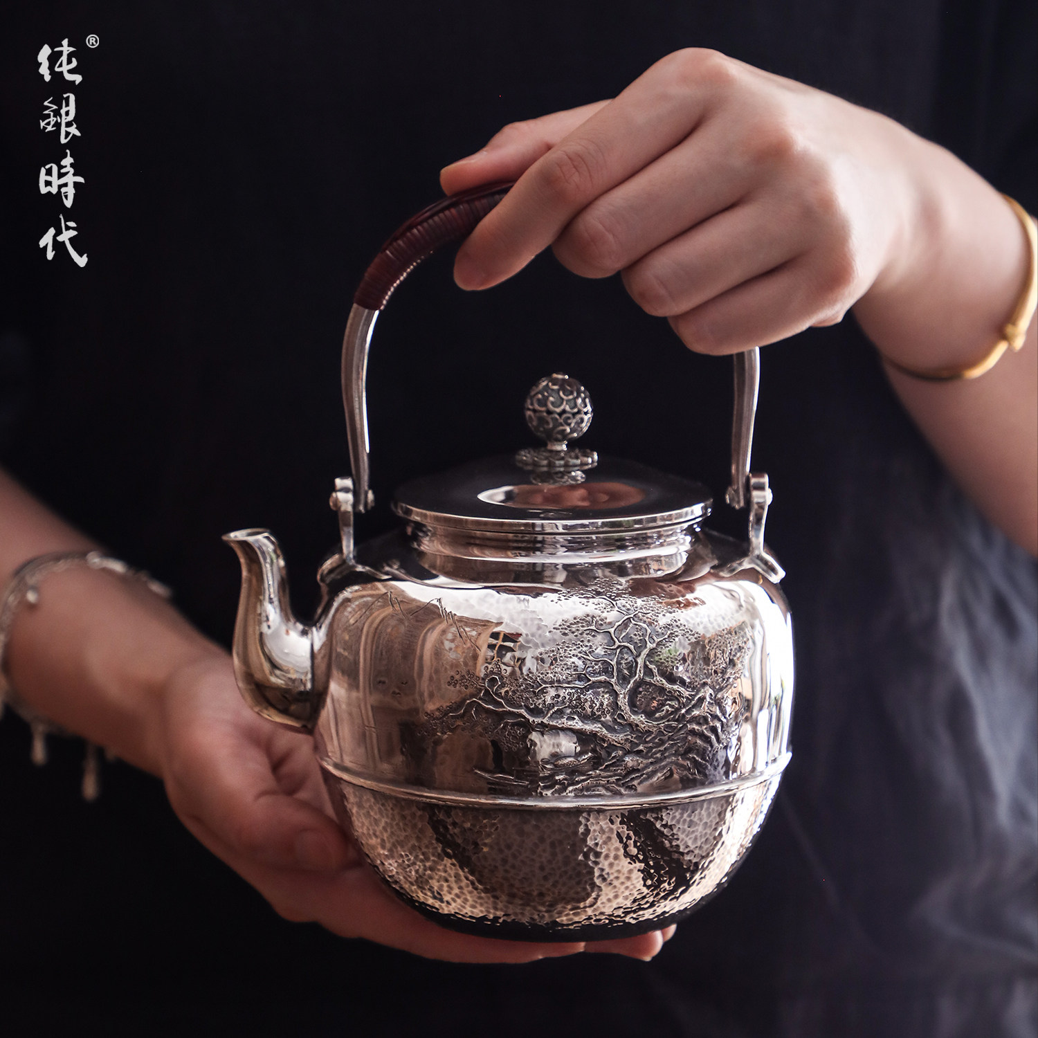 纯银时代 寒江独钓烧水壶纯银999云南纯手工錾刻家用银茶壶900ml