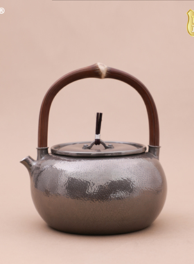 纯银时代紫色矮苹果足银烧水壶手工锤纹纯银999防烫藤把银壶820ml
