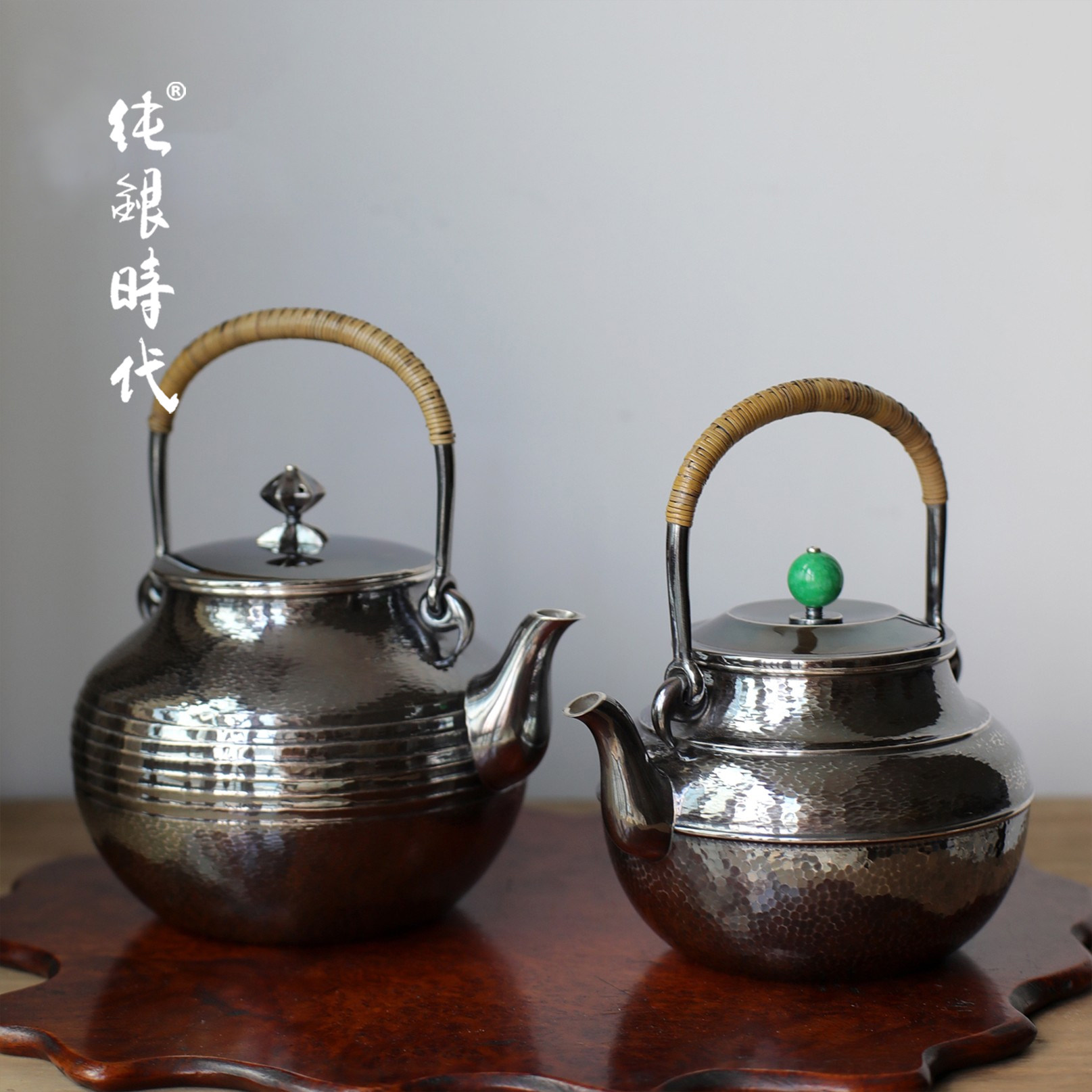 纯银时代 做旧锤纹银壶 足银999烧水壶纯手工茶壶大小号精致定制