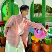 多巴胺粉色格纹泡泡纱衬衫 少年感防晒格子衬衣外套薄款 男长袖 夏季