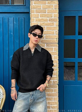 junmanner假两件Polo领套头V领毛衣男打底衫cleanfit纯色针织衫