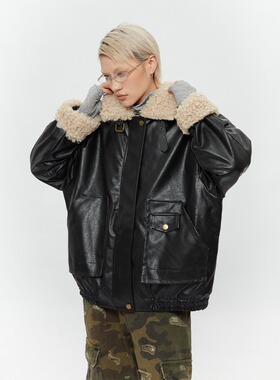 junmanner美式复古夹棉加厚皮衣外套痞帅情侣羊羔毛拼接皮棉服