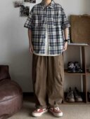 衬衫 男夏季 日系复古宽松休闲五分袖 格子短袖 衬衣美式 高街潮牌外套