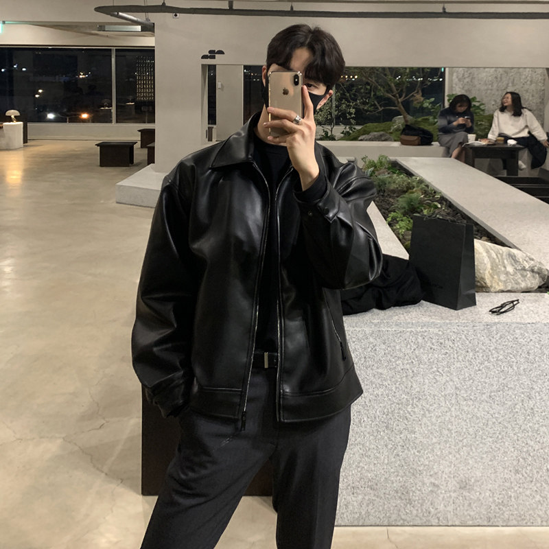 JMHOMME秋冬季ulzzang机车皮衣男士韩版帅气宽松皮夹克休闲潮外套
