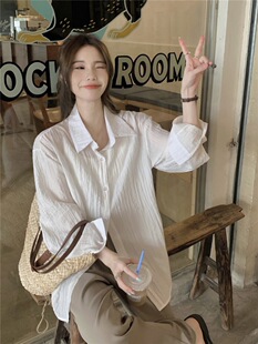 宽松翻领通勤休闲百搭衬衣防晒衫 韩版 衬衫 潮 homme简约纯色长袖