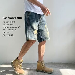 jmhomme破洞牛仔短裤潮牌痞帅五分马裤美式复古直筒裤宽松型短裤