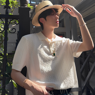 homme 轻熟修身 韩系复古风夏季 纽花翻领针织T恤男 短袖 polo衫
