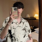 日系复古港风古巴领碎花短袖 垂感衬衣潮 薄款 衬衫 男女宽松休闲夏季