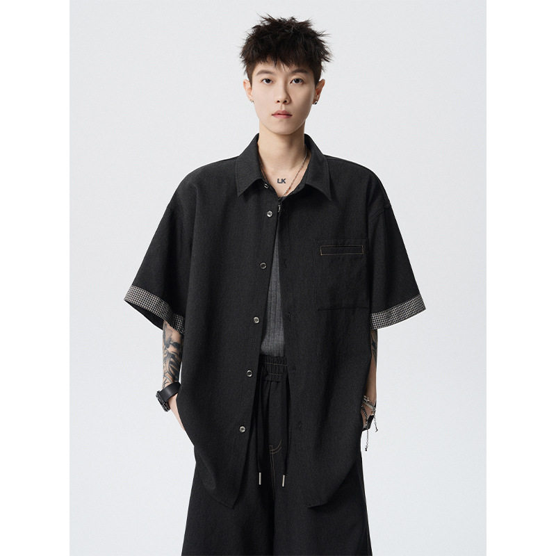 jmhomme2026夏季港风仿牛仔格子拼接短袖衬衫男CD6394-特P30建议