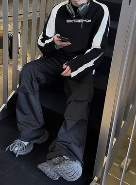 jmhomme 春季宽松男士休闲裤运动裤子设计感直筒黑色裤子ins潮牌