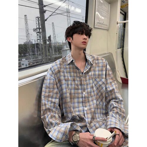 jmhomme格纹美式复古衬衫男外穿春秋季格子衫内搭叠穿青少年衬衣