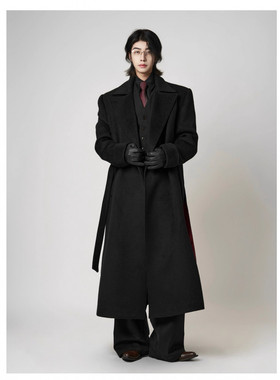 jmhomme秋冬季新款撞色长款潮流韩版毛呢大衣宽松休闲高级感外套