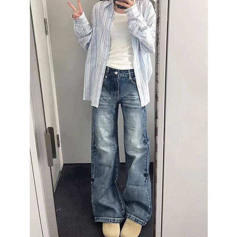 小个子复古水洗裂纹微喇叭牛仔裤女美式辣妹高腰宽松显瘦阔腿长裤