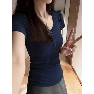 藏青色短袖V领钮扣上衣女
