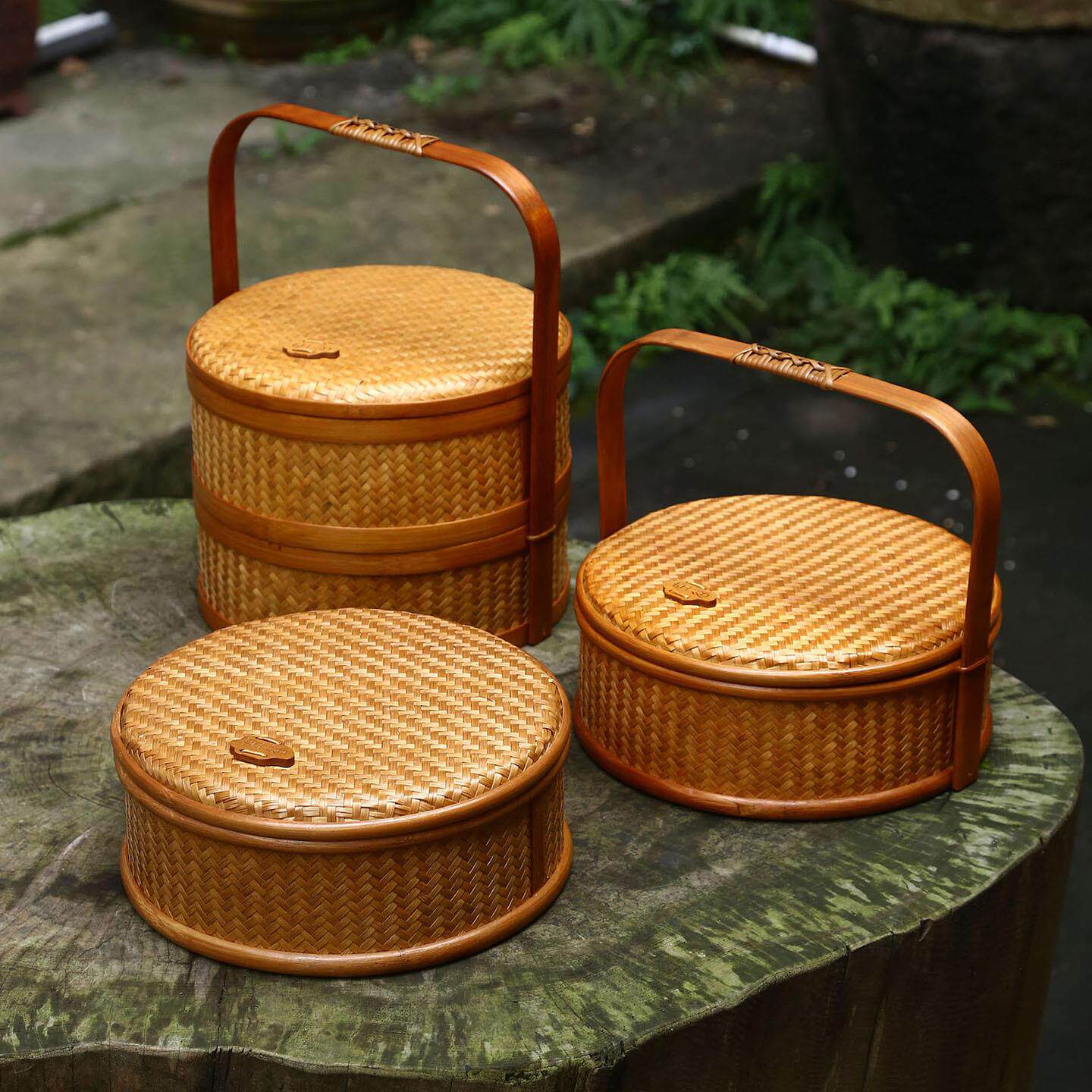 手工竹编圆形收纳盒复古多层食盒茶具收纳提篮茶叶包装礼盒月饼篮