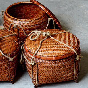 箩筐竹编结婚喜事老式筐大号竹筐家用精编收纳竹制品复古米箩带盖