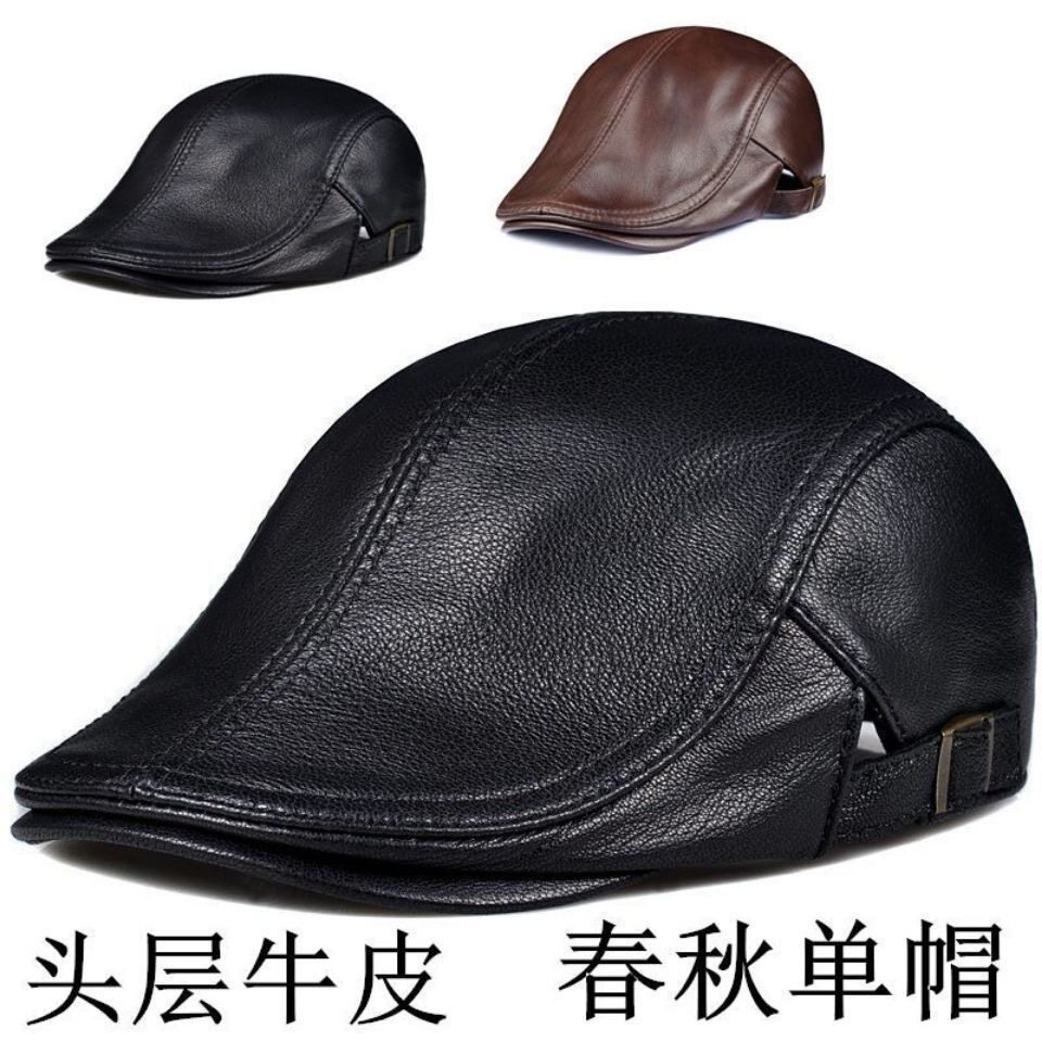 真皮男士中老年鸭舌帽皮帽子前进牛皮保暖秋冬季贝雷帽中老年人