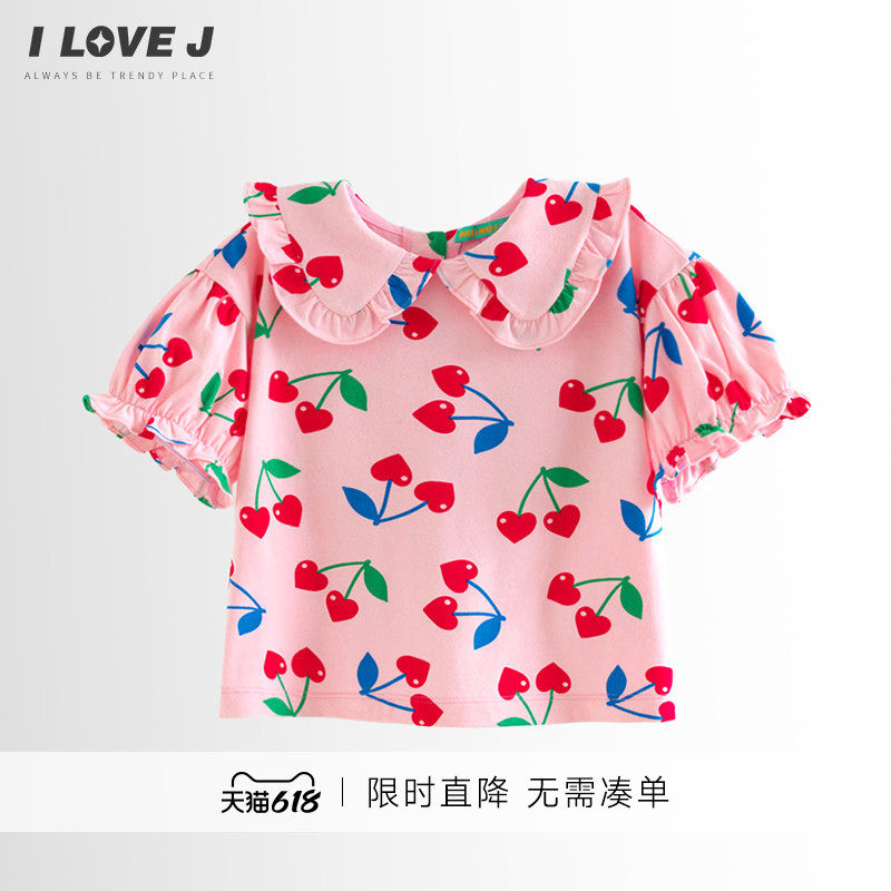 ILOVEJ童装夏季新款女童樱桃T恤荷叶领韩版短袖上衣/MWUTO01