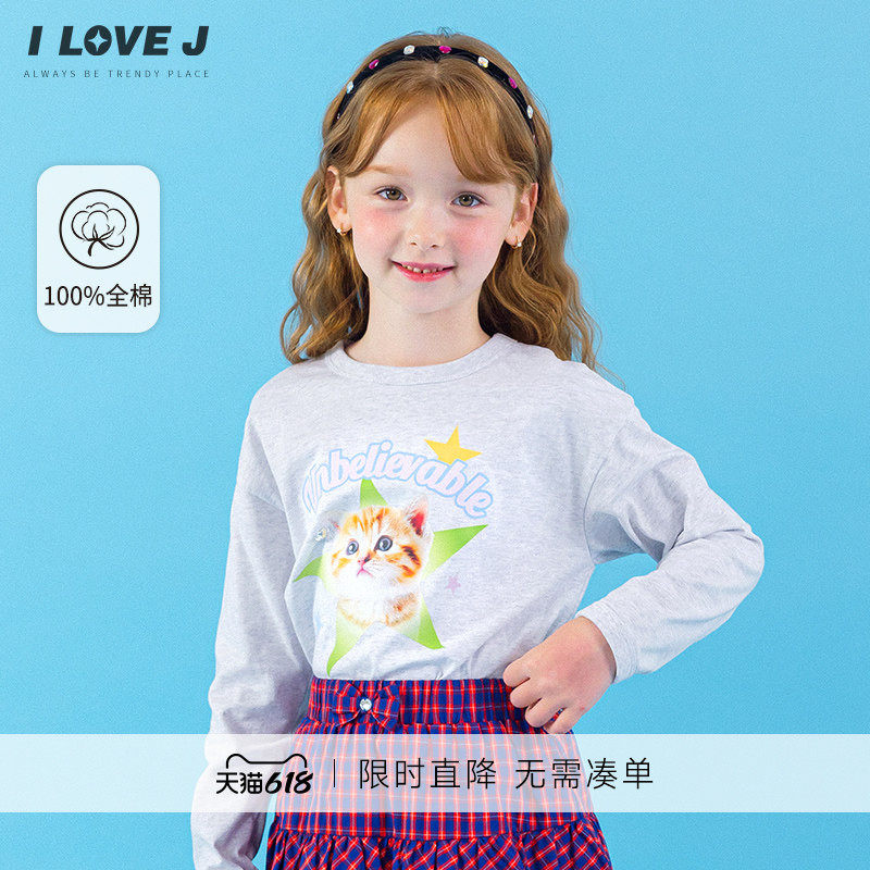 ILOVEJ韩国童装原创猫咪印花女童长袖t恤薄款纯棉上衣春秋JXFTO24