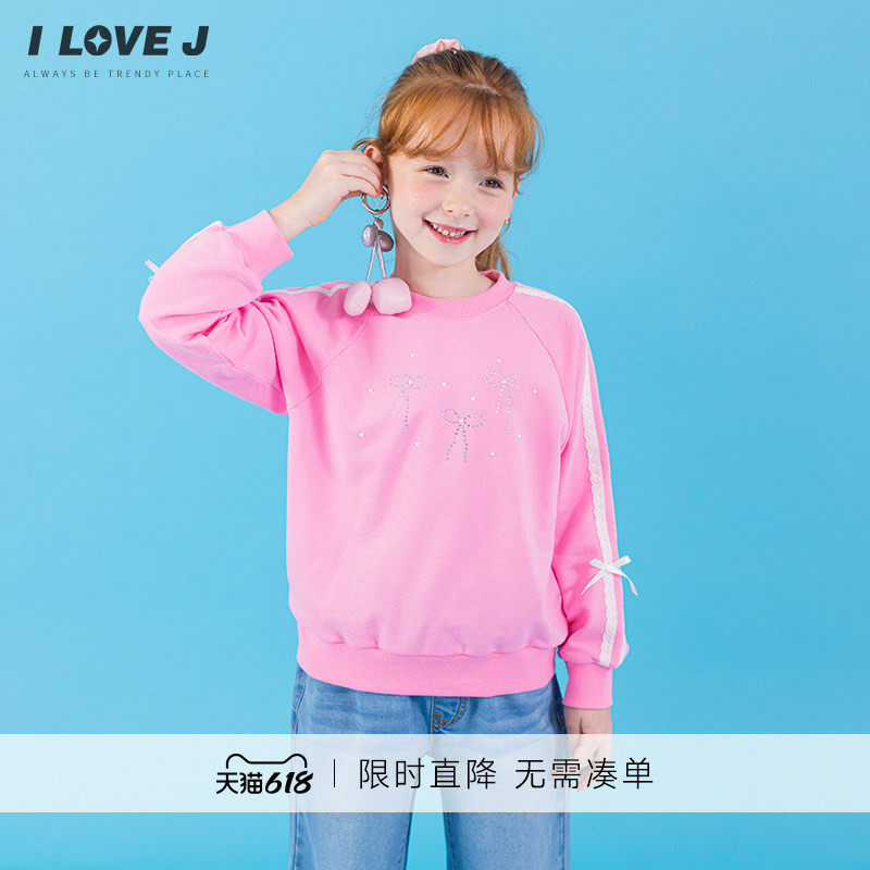 ILOVEJ韩国童装女童休闲洋气上衣蝴蝶结蕾丝卫衣春秋/JXFTO01