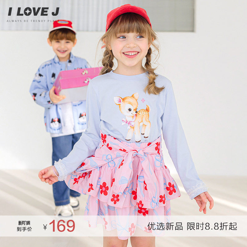 ILOVEJ韩国童装2026春新款韩系小鹿T恤衫女童上衣长袖纯棉JYSTO19