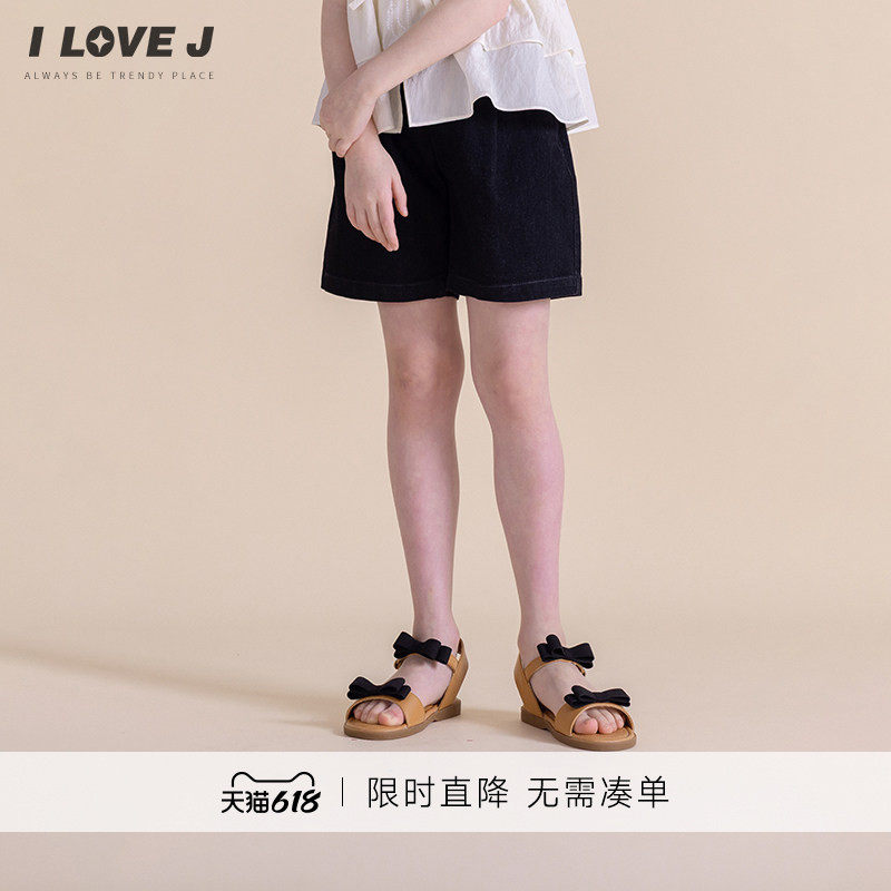 ILOVEJ韩国童装夏季儿童黑色牛仔短裤弹力褶皱四分裤/JXUPT30